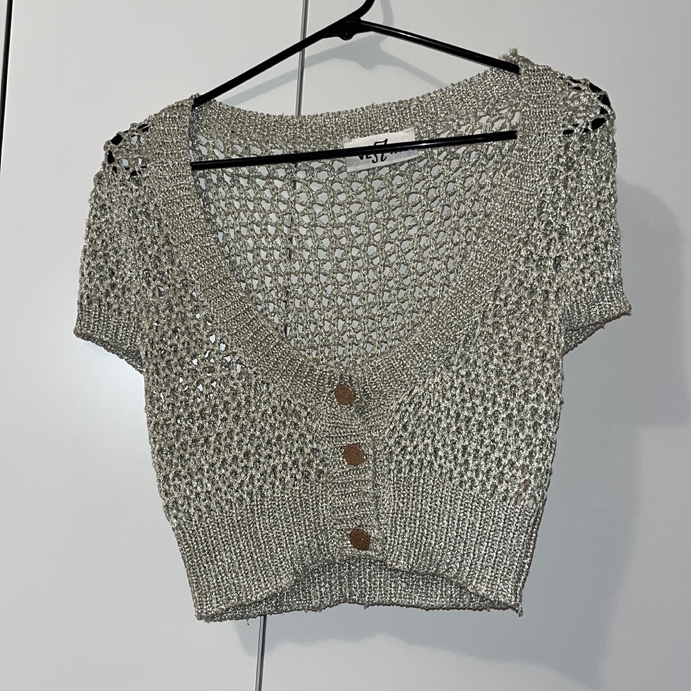 Cropped metallic silver knit cardigan
